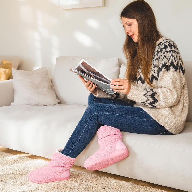 LongBay Women's Chenille Knit Bootie Slippers Cute Plush Fleece Memory Foam House Shoes (Large / 9-10 B(M), Pink) - Image 2